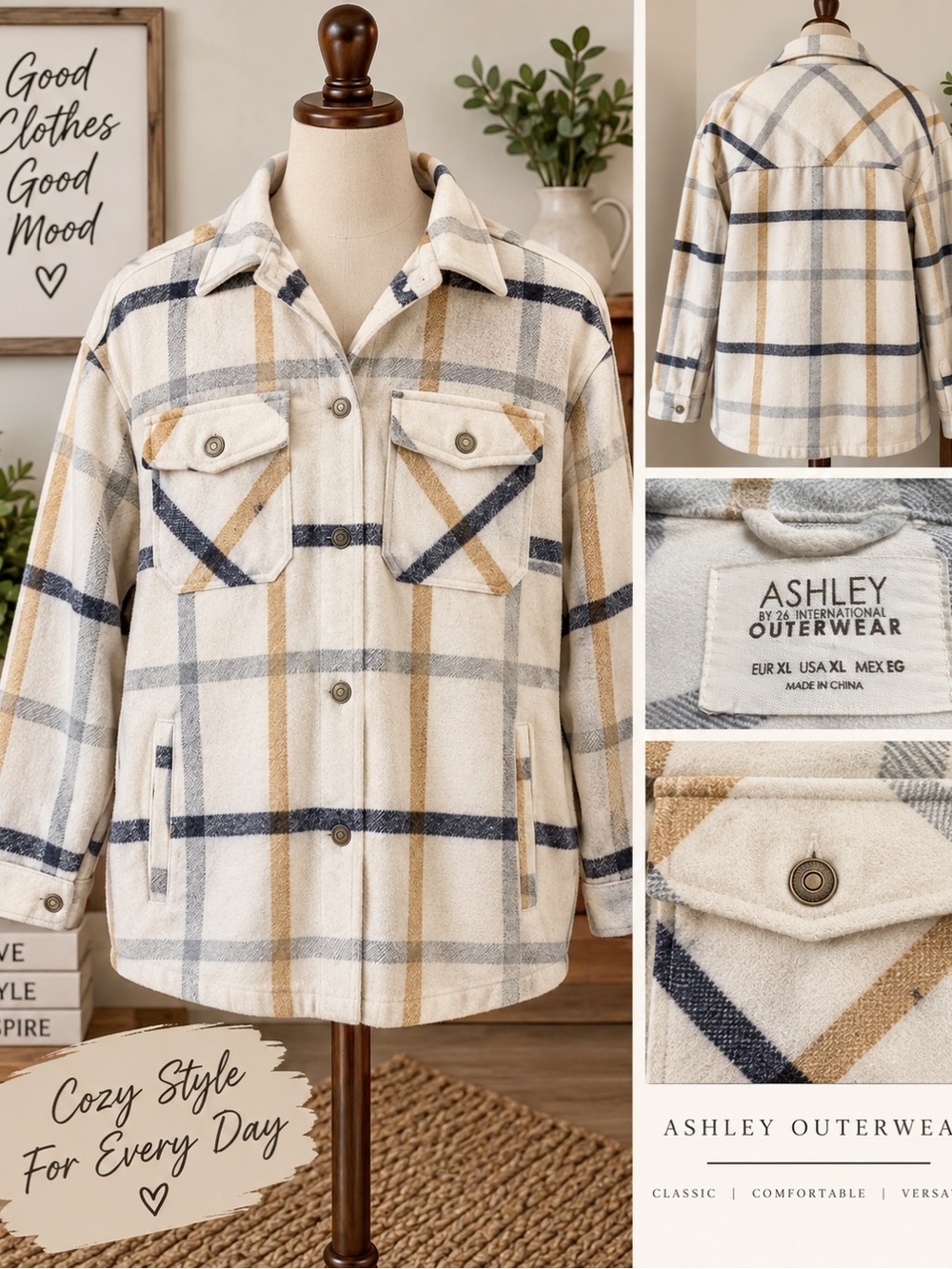 Ashley by 26 International Plaid Shacket Jacket XL Cream Tan Navy